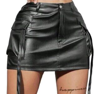 Y2K Faux Leather Mini Skirt High Rise Sexy Bodycon Stretchy Cargo Party Skirt